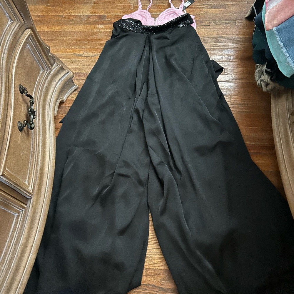 Black silk halter long romper halter with sequins very dressy and very wide legs